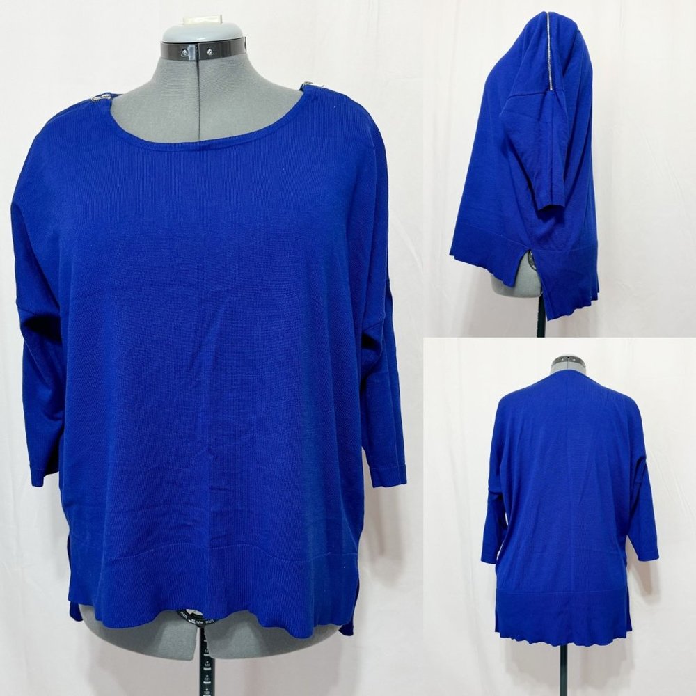 roz & Ali NWOT SzXL Royal Blue Dolman Boat Neck  Gold Zip Shoulder Hi Lo Top
